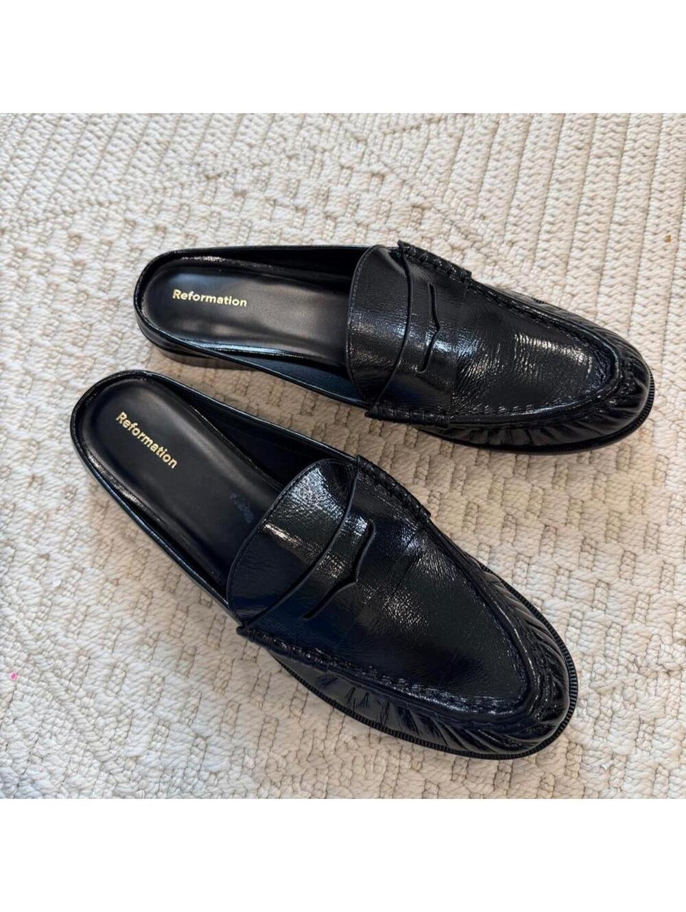 Reformation Francine Loafer Mule in Black Crinkle Patent - Picture 3 of 7